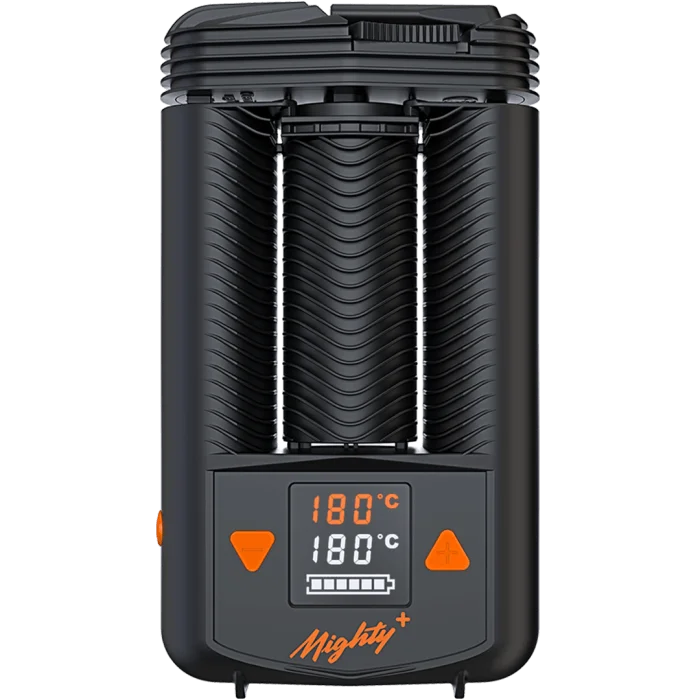 Produktabbildung des Mighty+ Medic, eines tragbaren, als Medizinprodukt zugelassenen Vaporizers für die Inhalation von Cannabinoiden. Das Gerät ist schwarz, verfügt über ein digitales Temperaturdisplay und eine kompakte Bauform.