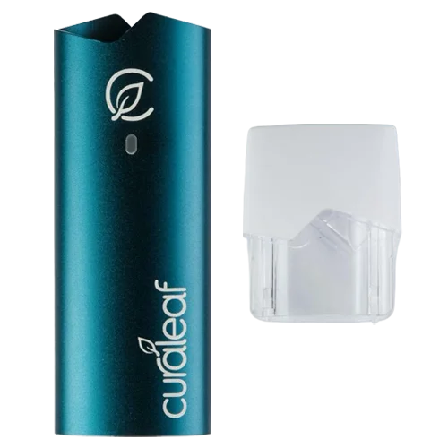 Produktabbildung eines Curaleaf Vape-Pens mit blaugrünem Gehäuse und weißer Schutzkappe. Die Kappe ist neben dem Gerät dargestellt, um das zweiteilige Design des medizinischen Vape-Pens für Cannabisextrakte zu zeigen.