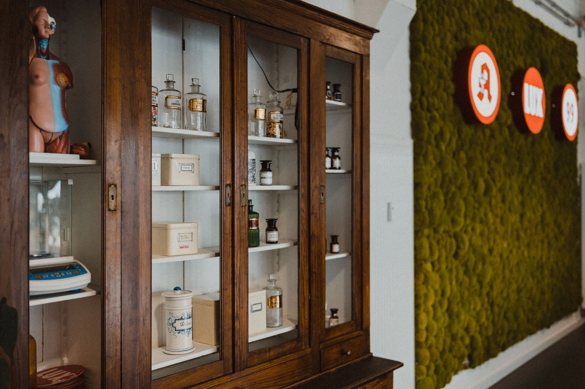 Ein historischer Holzschrank mit Glastüren präsentiert traditionelle Apothekengefäße, Laborutensilien und pharmazeutische Dekorationsobjekte. Daneben befindet sich eine begrünte Mooswand mit dem Apothekenlogo. Die Aufnahme vermittelt die Verbindung von pharmazeutischer Tradition, Handwerkskunst und moderner Apothekenkultur.