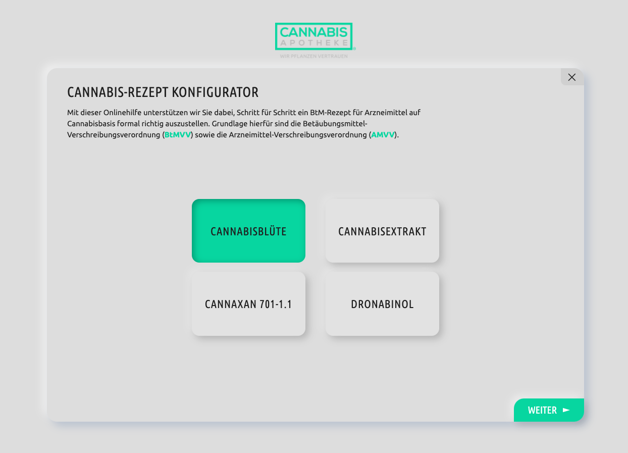 Der Cannabis Rezept Konfigurator ist auf dem BIld. Mit dem kann man formal richtig ausgestellte Rezepte generieren.